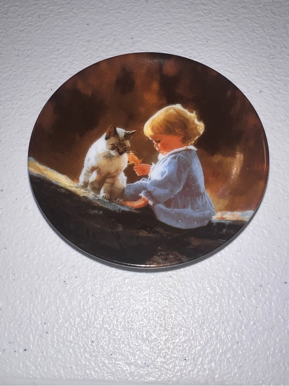 Unbranded Brown & White Child and Cat Decorative Wall Plate